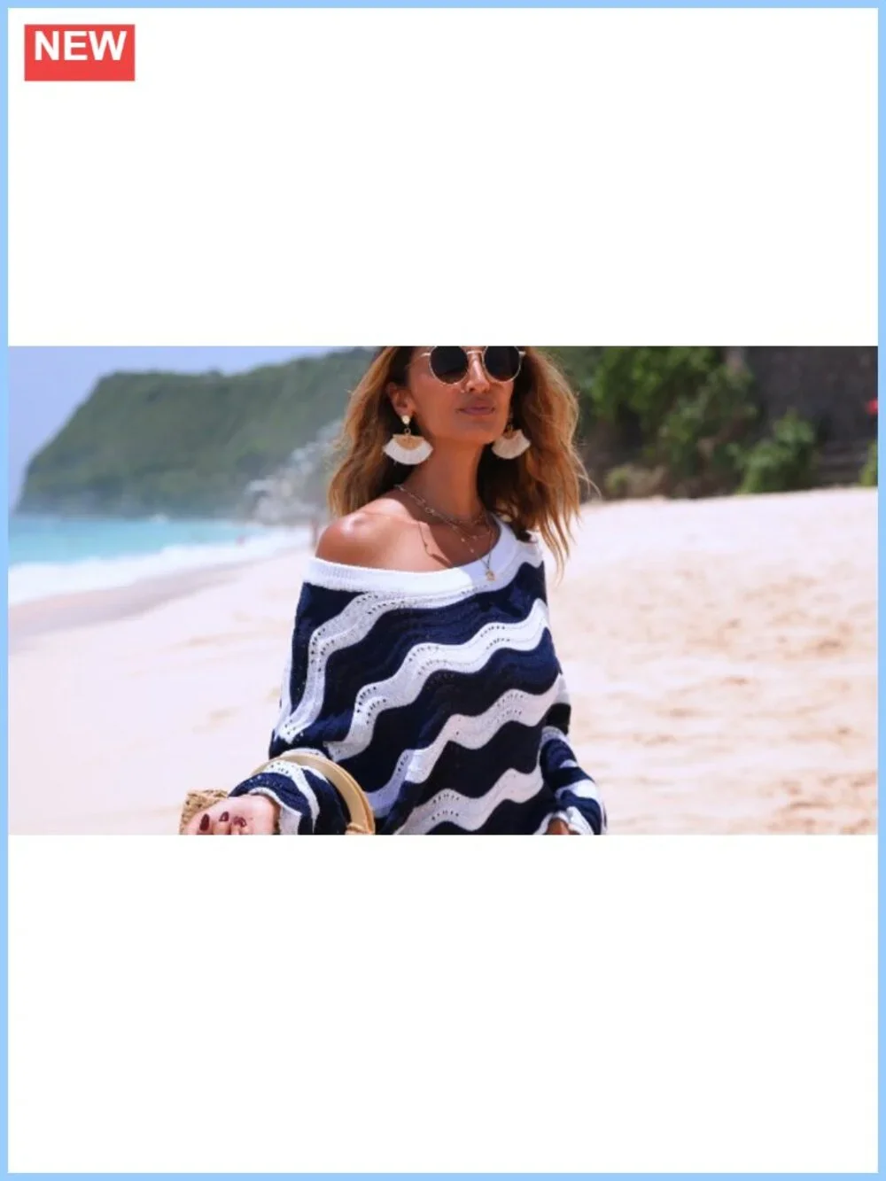 Women's Linen Blend Oversized Crochet Bell Sleeve Stripe Beach Vacation Top